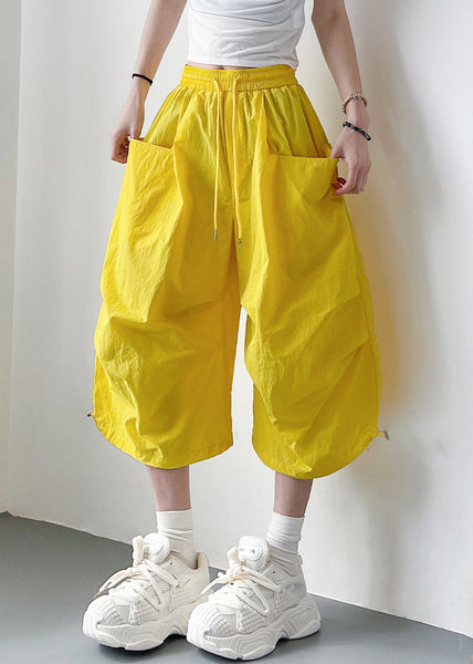 Elastic Waist Oversized Yellow Lace Summer Up Crop Pants Cotton FashionChic