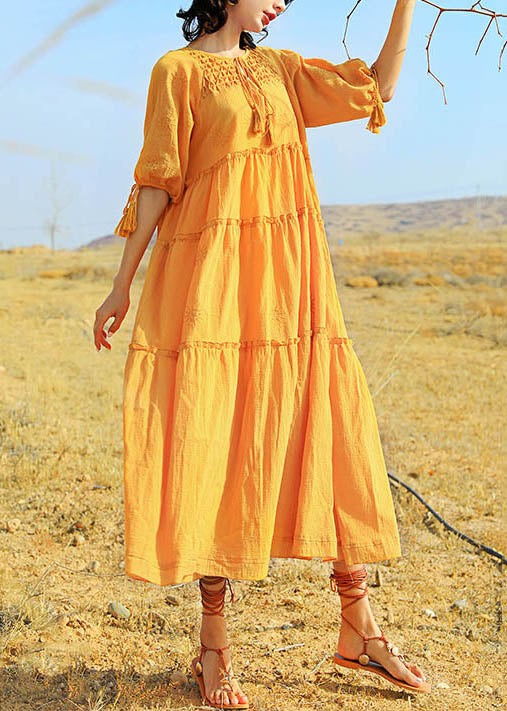 Summer Cotton Up Dress Lace Yellow Solid Ruffled Long FashionChic