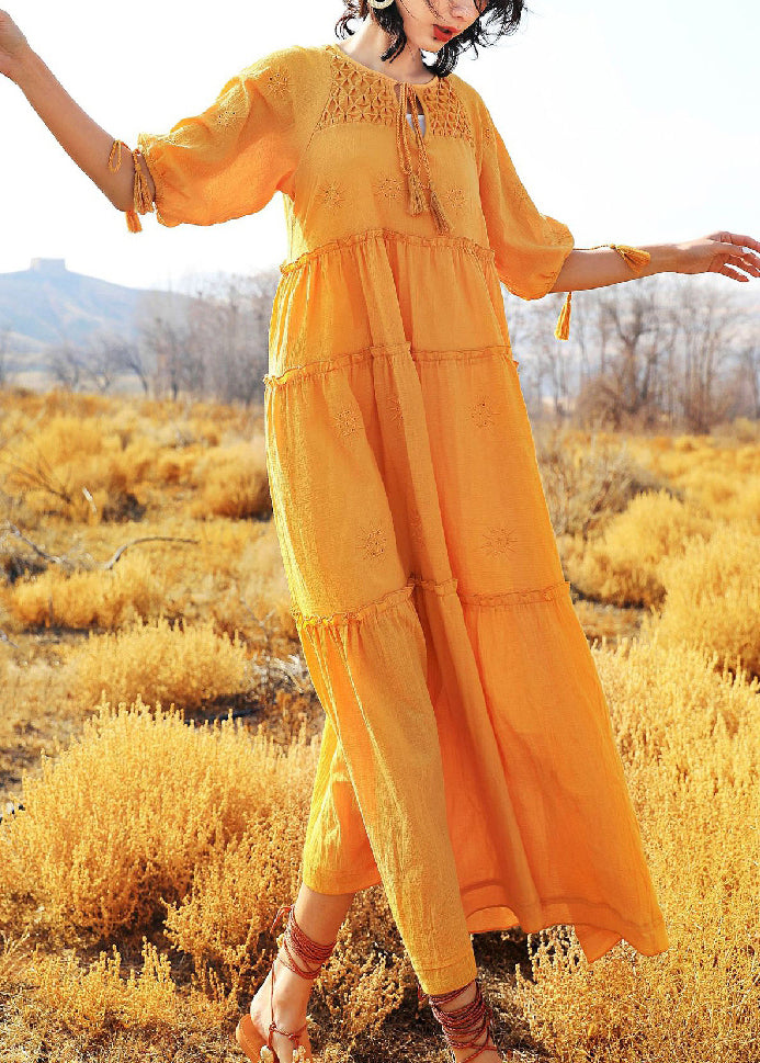 Summer Cotton Up Dress Lace Yellow Solid Ruffled Long FashionChic