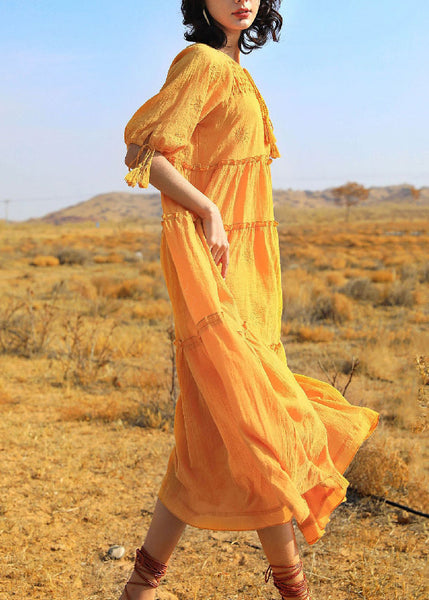Summer Cotton Up Dress Lace Yellow Solid Ruffled Long FashionChic