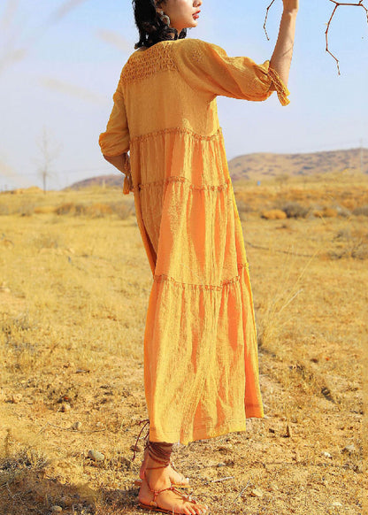 Summer Cotton Up Dress Lace Yellow Solid Ruffled Long FashionChic