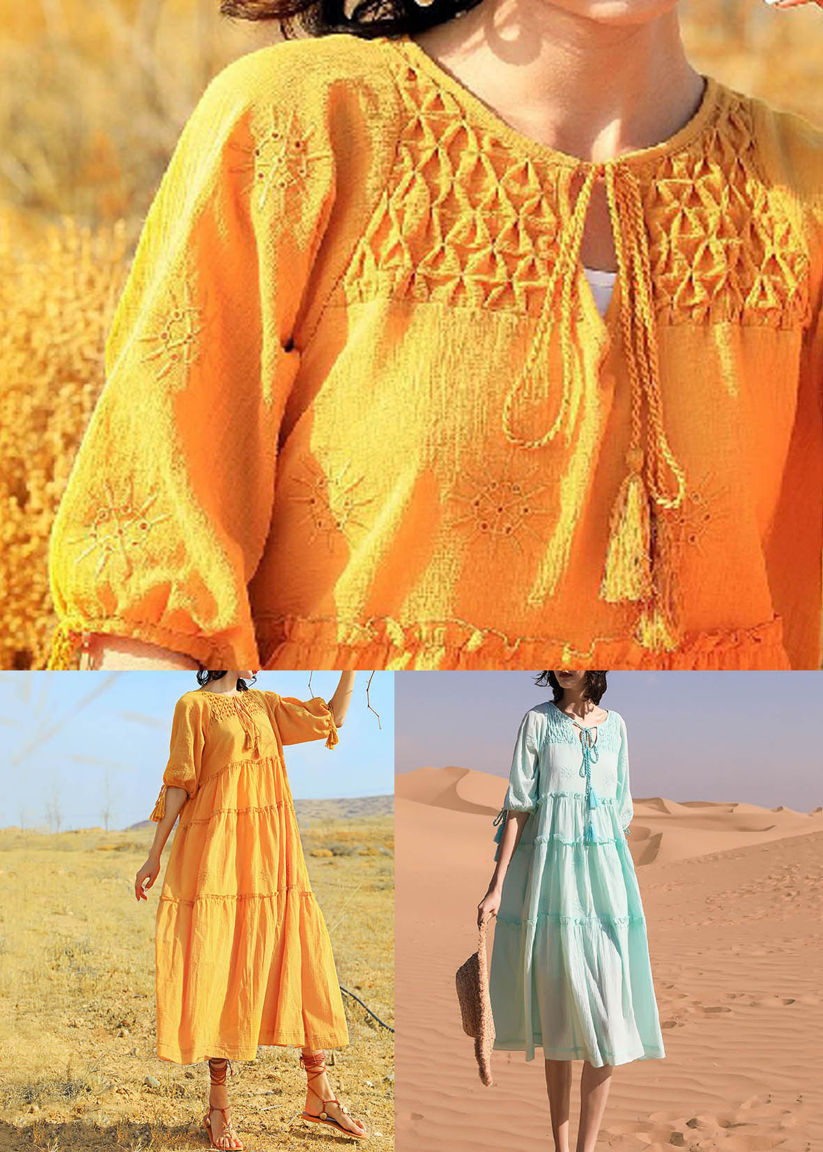 Summer Cotton Up Dress Lace Yellow Solid Ruffled Long FashionChic