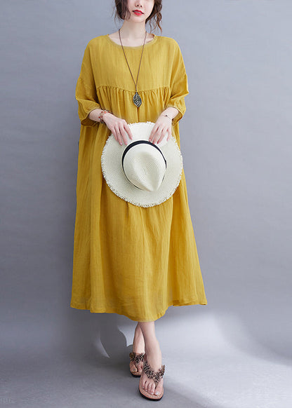 Yellow O-Neck Wrinkled Maxi Dress Half Sleeve UU017 OM-MM240820