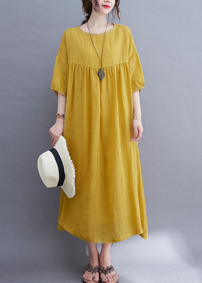 Yellow O-Neck Wrinkled Maxi Dress Half Sleeve UU017 OM-MM240820