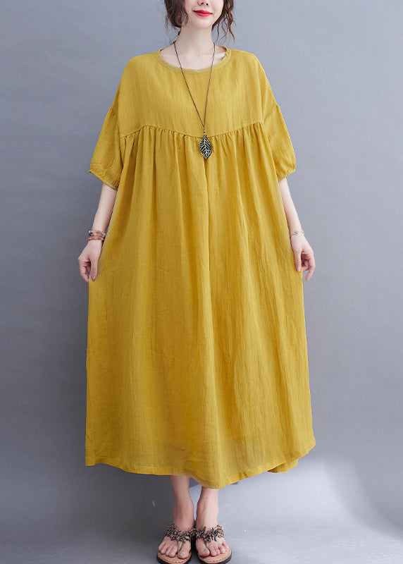 Yellow O-Neck Wrinkled Maxi Dress Half Sleeve UU017 OM-MM240820