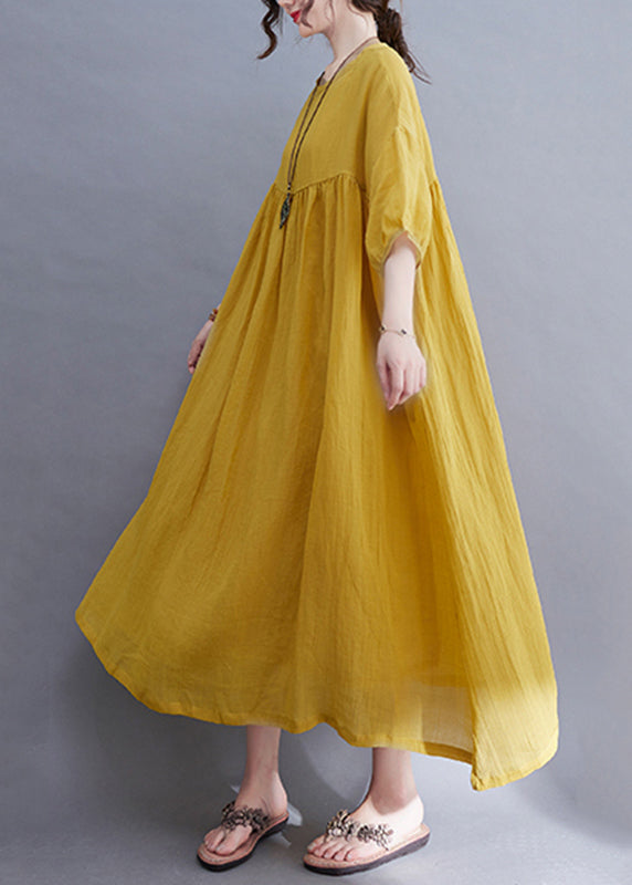 Yellow O-Neck Wrinkled Maxi Dress Half Sleeve UU017 OM-MM240820