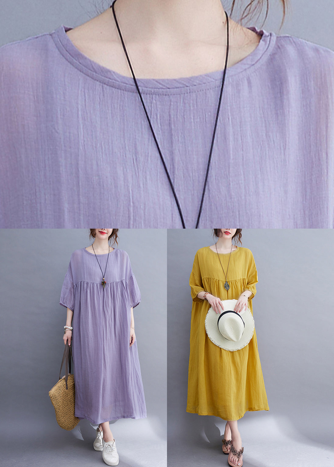 Yellow O-Neck Wrinkled Maxi Dress Half Sleeve UU017 OM-MM240820