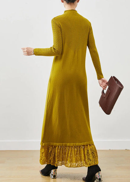 Yellow Patchwork Lace Knit Sweater Dress Silm Fit Spring Ada Fashion