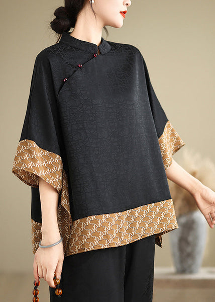 Yellow Patchwork Silk Blouse Mandarin Collar Summer TM012 ABC