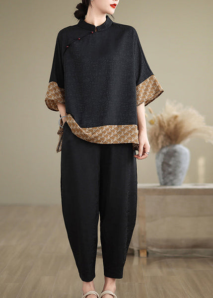 Yellow Patchwork Silk Blouse Mandarin Collar Summer TM012 ABC