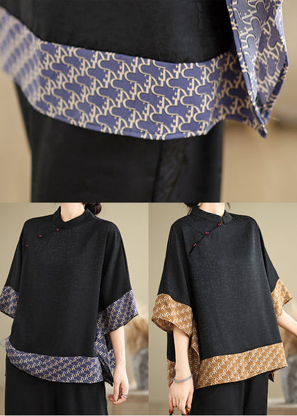 Yellow Patchwork Silk Blouse Mandarin Collar Summer TM012 ABC