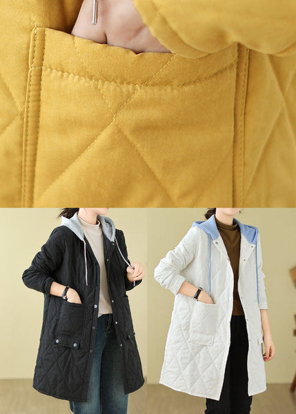 Yellow Pockets Loose Fine Cotton Filled Hooded Coat Winter TJ014