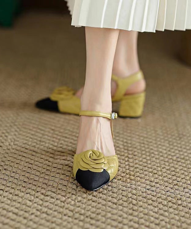 Yellow Pointed Toe Floral Chunky Heel Faux Leather Fashion Sandals RT1088 Ada Fashion