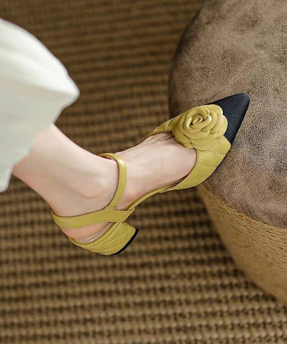 Yellow Pointed Toe Floral Chunky Heel Faux Leather Fashion Sandals RT1088 Ada Fashion