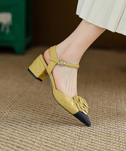 Yellow Pointed Toe Floral Chunky Heel Faux Leather Fashion Sandals RT1088 Ada Fashion