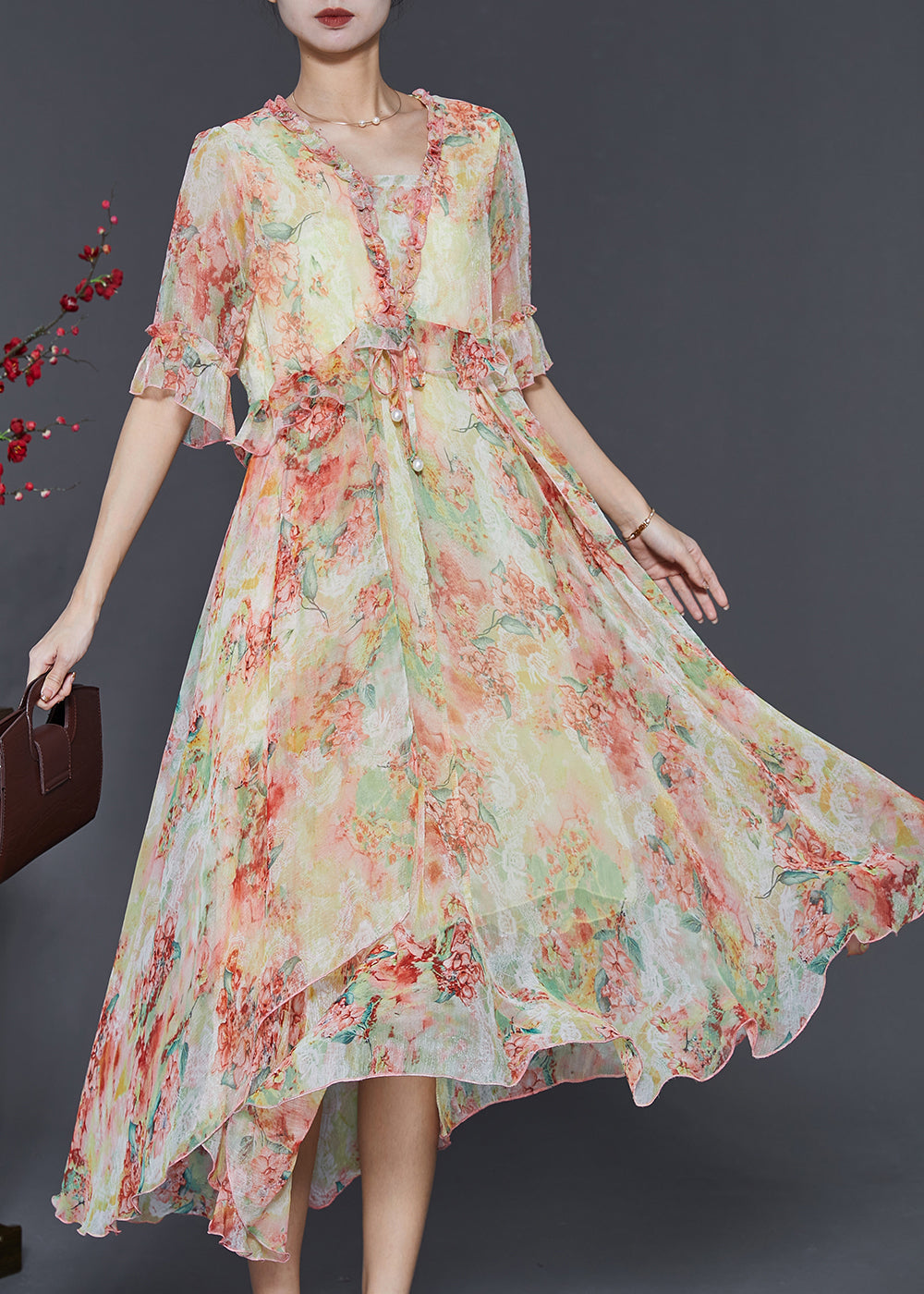 Yellow Print Chiffon Cinched Dress Ruffled Summer SD1020 Ada Fashion