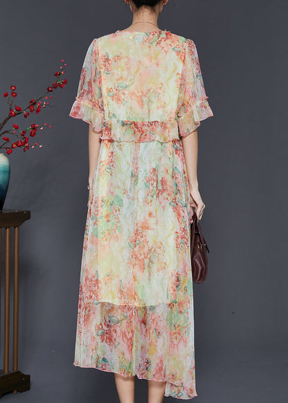 Yellow Print Chiffon Cinched Dress Ruffled Summer SD1020 Ada Fashion