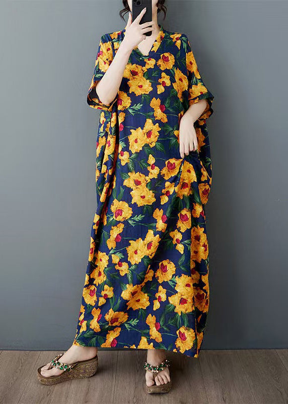 Oversized Dress Long Yellow Cotton Print Sleeve Batwing FashionChic