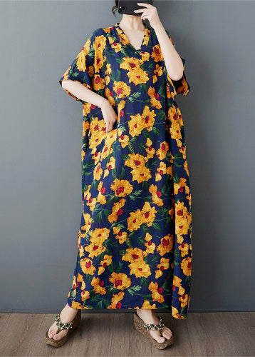 Oversized Dress Long Yellow Cotton Print Sleeve Batwing FashionChic
