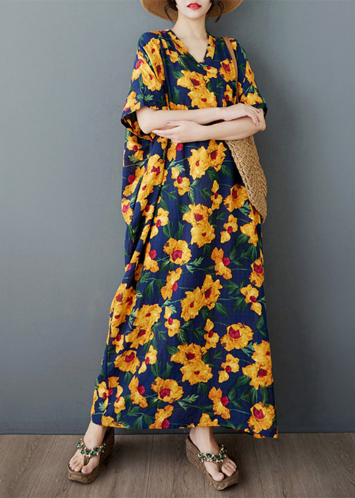 Oversized Dress Long Yellow Cotton Print Sleeve Batwing FashionChic