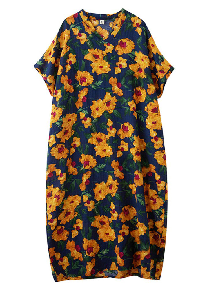 Oversized Dress Long Yellow Cotton Print Sleeve Batwing FashionChic