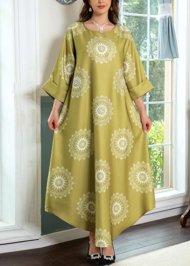 Yellow Print Cotton Long Dresses O Neck Half Sleeve AA1024 Ada Fashion