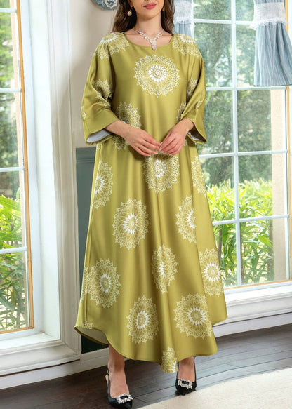 Yellow Print Cotton Long Dresses O Neck Half Sleeve AA1024 Ada Fashion