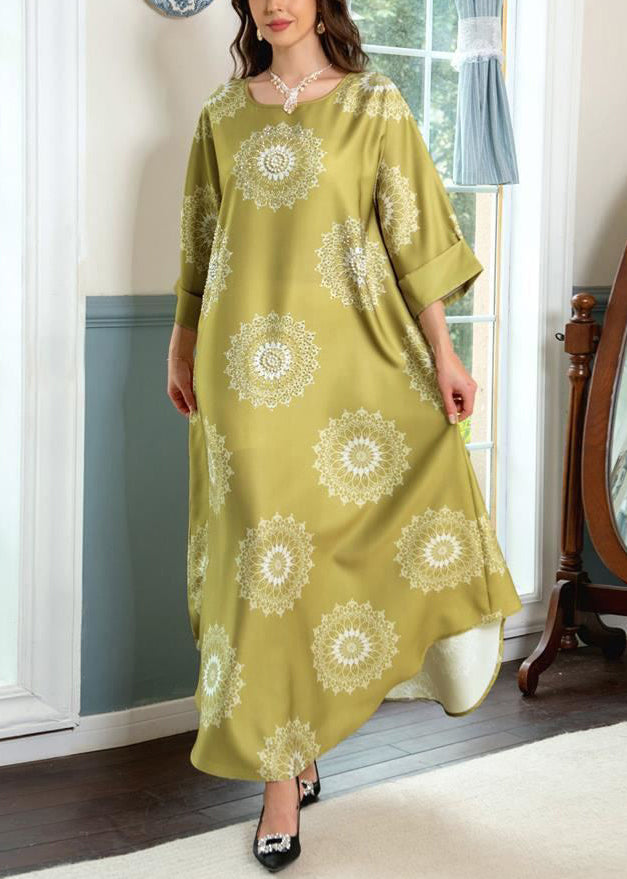 Yellow Print Cotton Long Dresses O Neck Half Sleeve AA1024 Ada Fashion