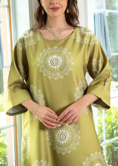 Yellow Print Cotton Long Dresses O Neck Half Sleeve AA1024 Ada Fashion