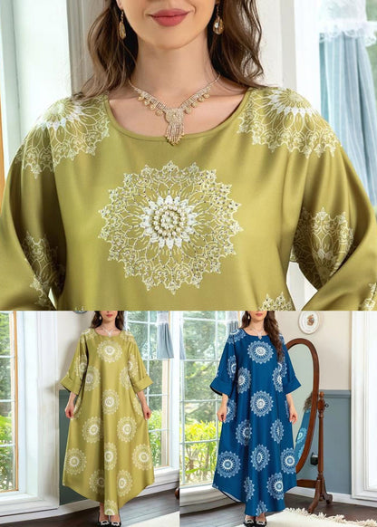 Yellow Print Cotton Long Dresses O Neck Half Sleeve AA1024 Ada Fashion