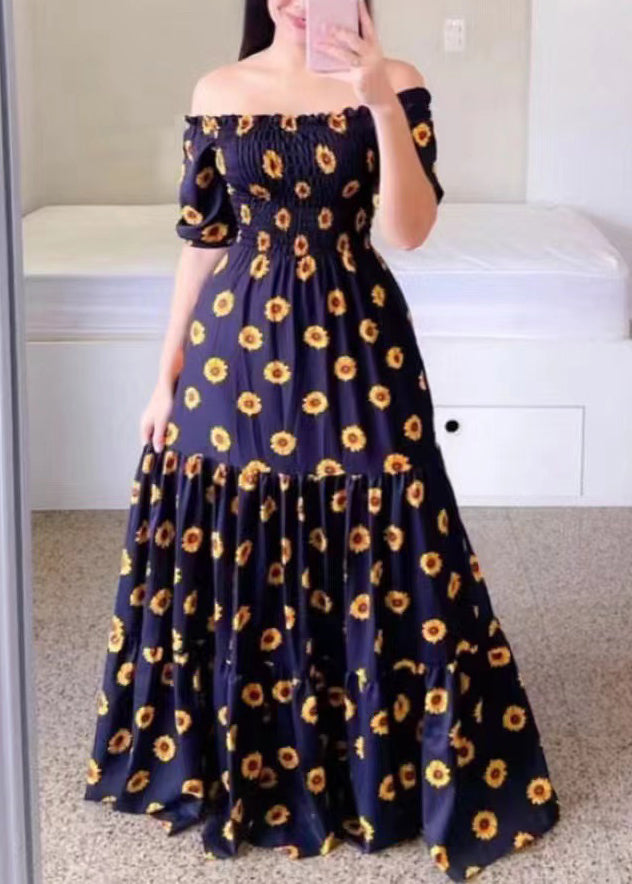 Yellow Print Cotton Long Dresses Wrinkled Short Sleeve WW1064 Ada Fashion