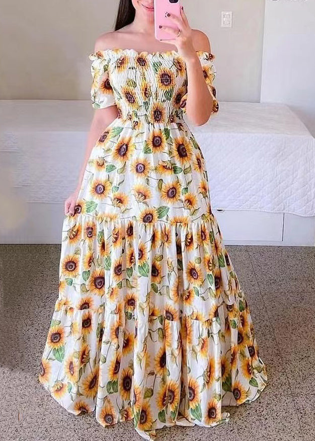 Yellow Print Cotton Long Dresses Wrinkled Short Sleeve WW1064 Ada Fashion