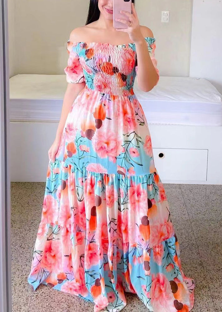 Yellow Print Cotton Long Dresses Wrinkled Short Sleeve WW1064 Ada Fashion