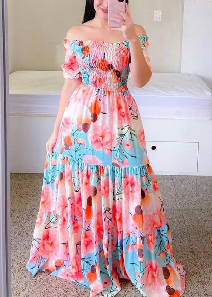 Yellow Print Cotton Long Dresses Wrinkled Short Sleeve WW1064 Ada Fashion