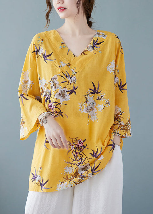 Yellow Print Cotton Shirts V Neck Chinese Button Summer FF027 MZF-HTP240607