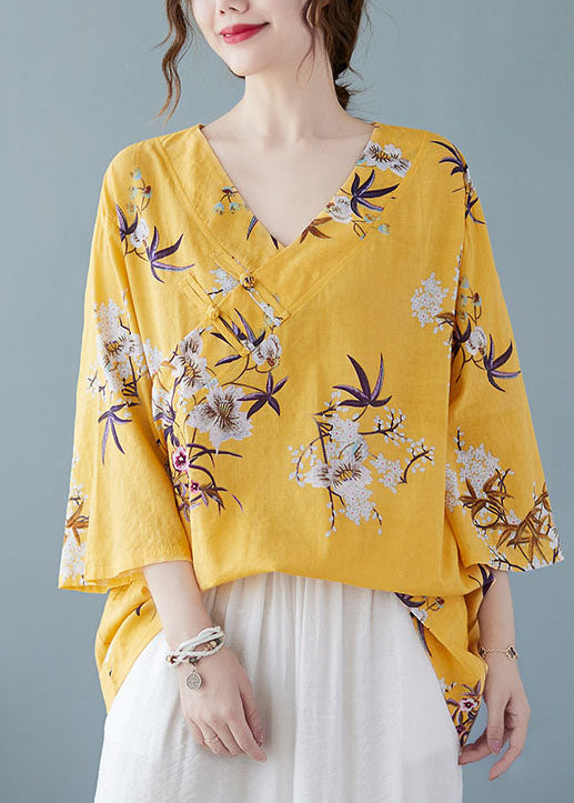 Yellow Print Cotton Shirts V Neck Chinese Button Summer FF027 MZF-HTP240607