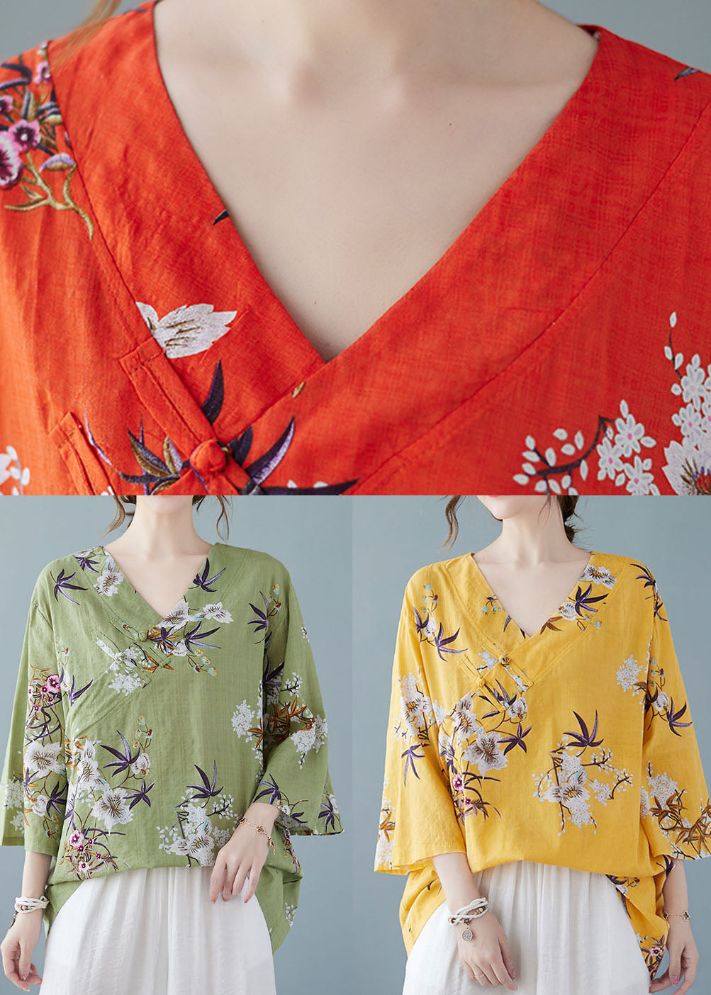 Yellow Print Cotton Shirts V Neck Chinese Button Summer FF027 MZF-HTP240607