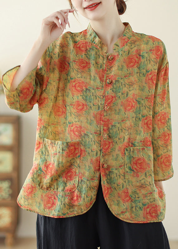 Yellow Print Linen Oriental Tops Pockets Spring TM034 ABC