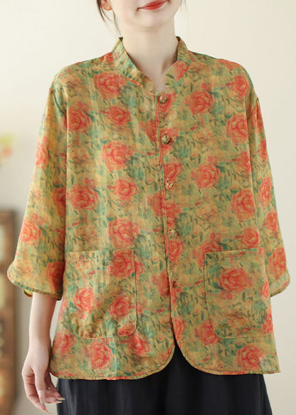 Yellow Print Linen Oriental Tops Pockets Spring TM034 ABC