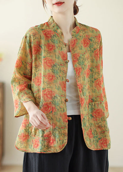 Yellow Print Linen Oriental Tops Pockets Spring TM034 ABC