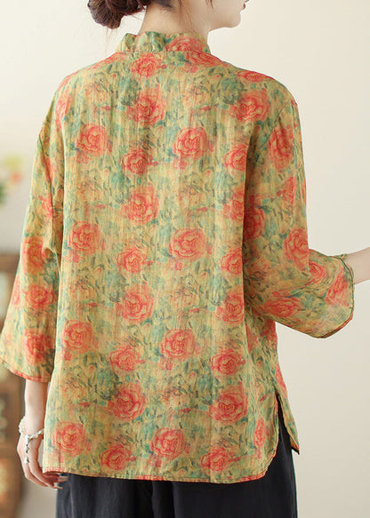 Yellow Print Linen Oriental Tops Pockets Spring TM034 ABC