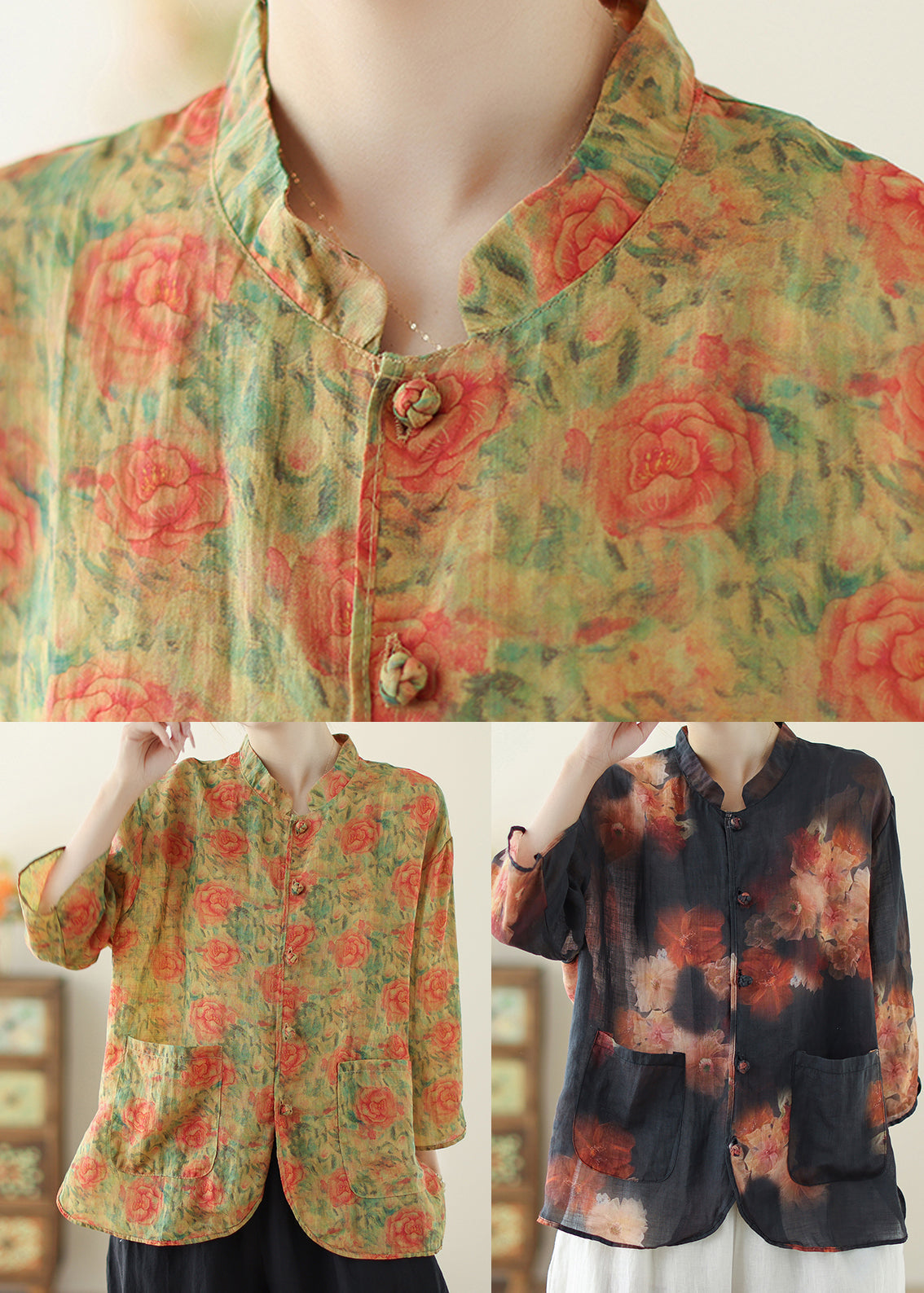 Yellow Print Linen Oriental Tops Pockets Spring TM034 ABC