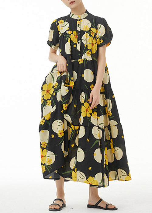 Yellow Print Loose Cotton Dress Stand Collar Summer AA1044 Ada Fashion