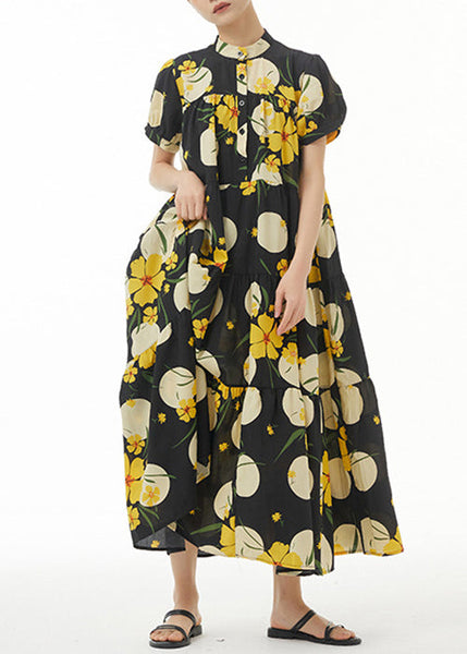 Yellow Print Loose Cotton Dress Stand Collar Summer AA1044 Ada Fashion