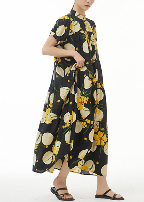 Yellow Print Loose Cotton Dress Stand Collar Summer AA1044 Ada Fashion