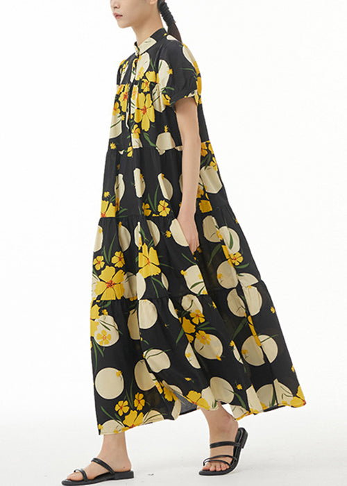 Yellow Print Loose Cotton Dress Stand Collar Summer AA1044 Ada Fashion