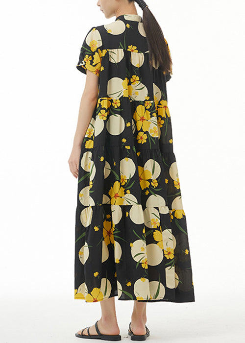 Yellow Print Loose Cotton Dress Stand Collar Summer AA1044 Ada Fashion