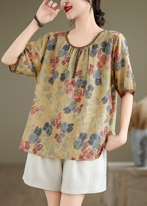 Yellow Print Loose Linen T Shirts O Neck Short Sleeve JH045 MMDM-HTP240717