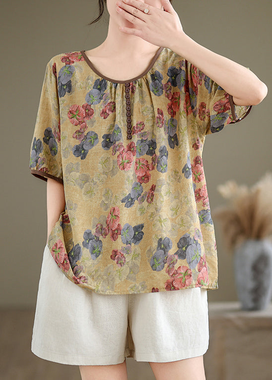 Yellow Print Loose Linen T Shirts O Neck Short Sleeve JH045 MMDM-HTP240717