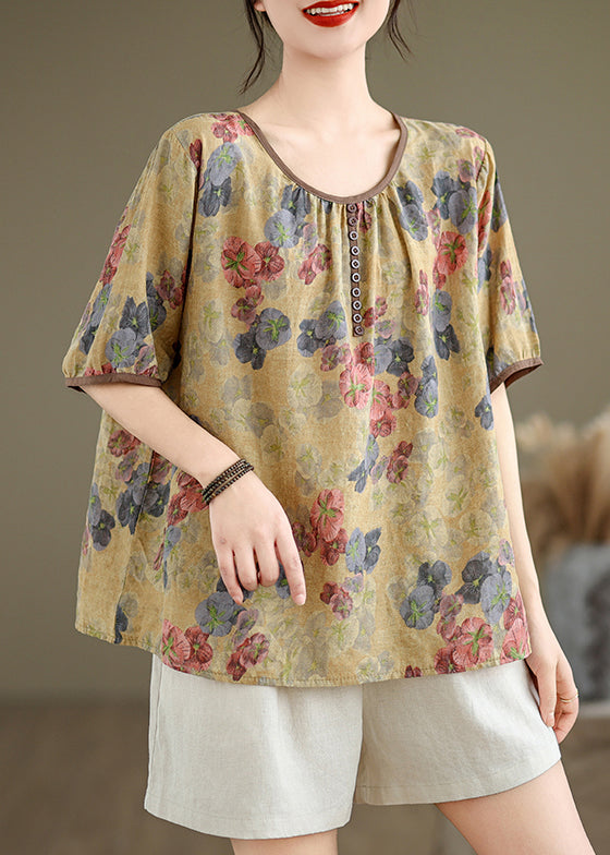 Yellow Print Loose Linen T Shirts O Neck Short Sleeve JH045 MMDM-HTP240717